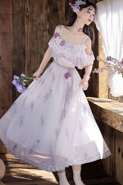 Wisteria Flower New Chinese Style Suspender Skirt and Top Set