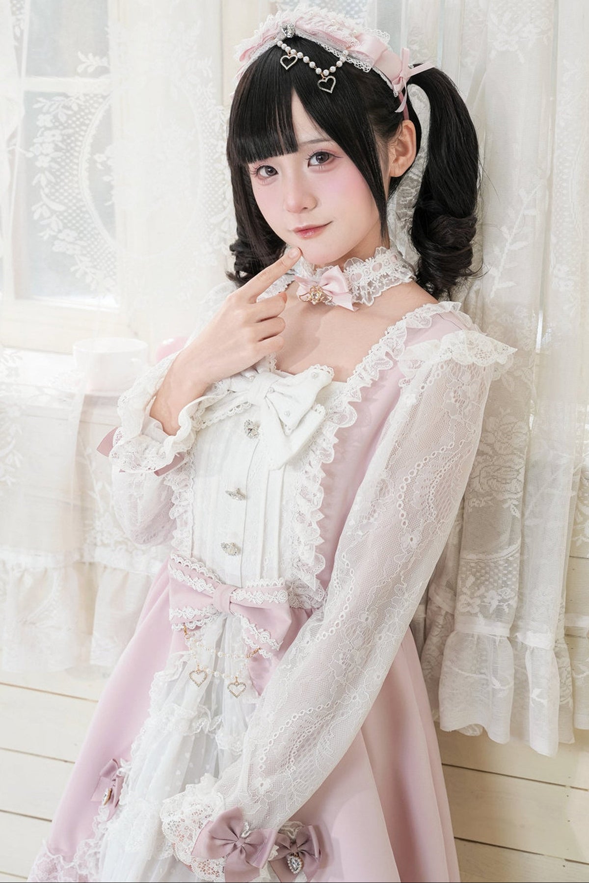 Lace Bow Dress With Hairband+Neck Ring