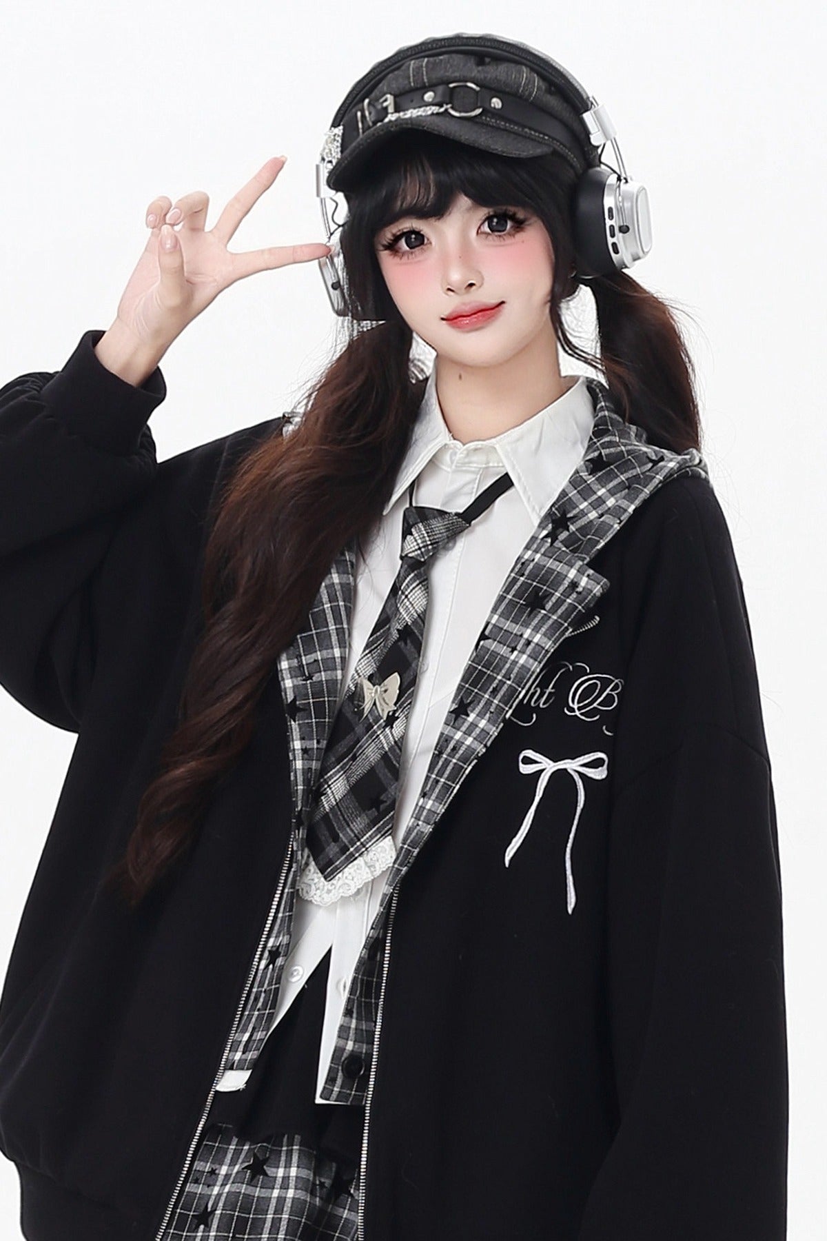 Plaid Rabbit Ear Embroidered Hooded Jacket