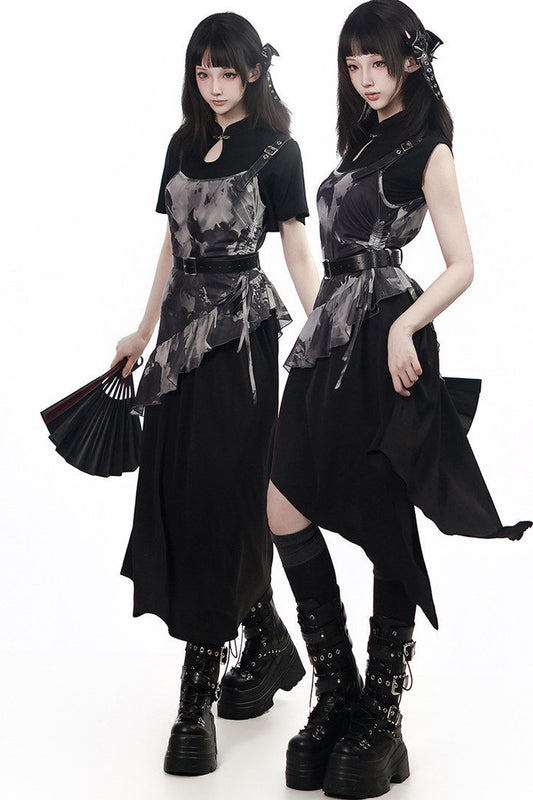 Modern Chinese-Style Asymmetric Cami Dress Set