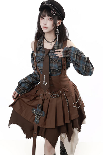 Retro Plaid Off-Shoulder Shirt and Suspender Skirt Set-Up