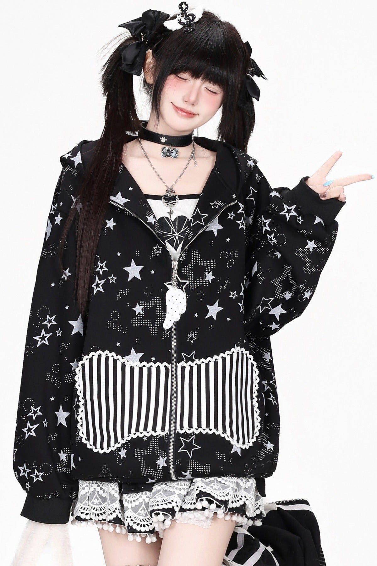 Star Print Hooded Sweatshirt Jacket