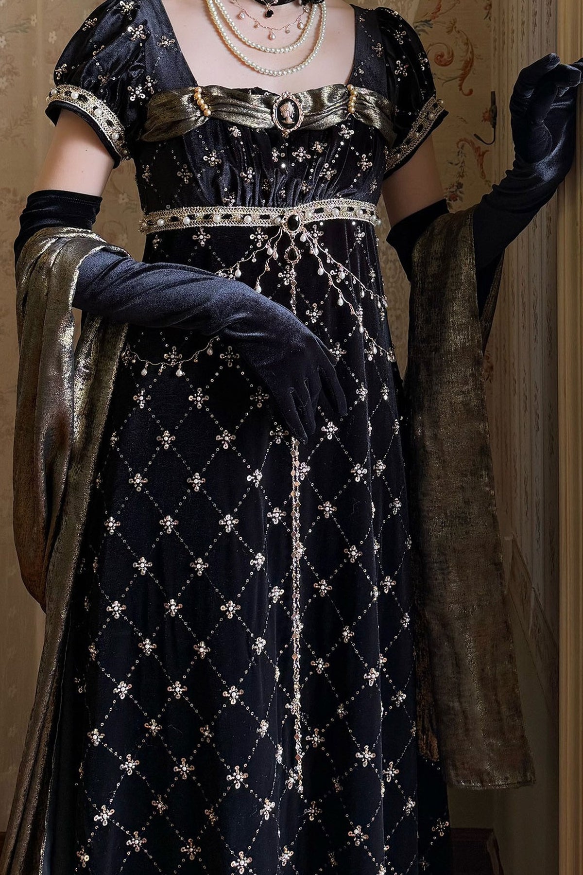 Black Gold Beaded Empire Dress