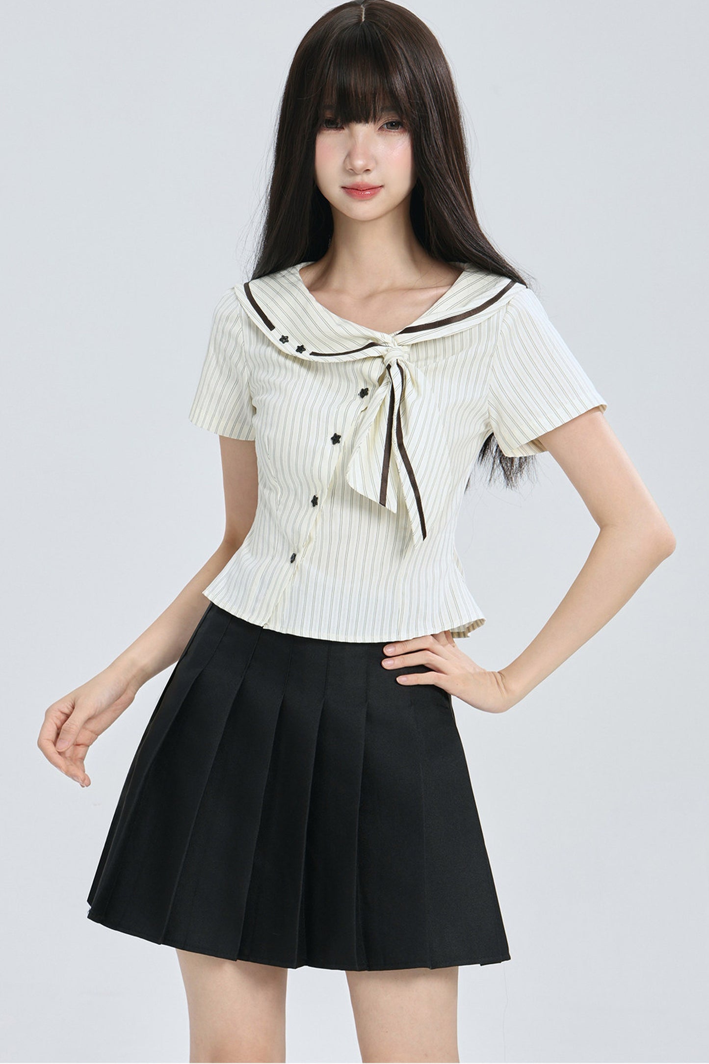 Striped Navy Collar Star Button Blouse