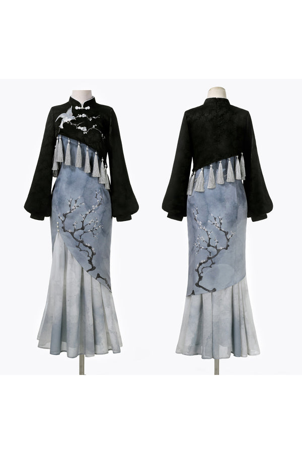 White Plum Cheongsam Top and Skirt Set-Up