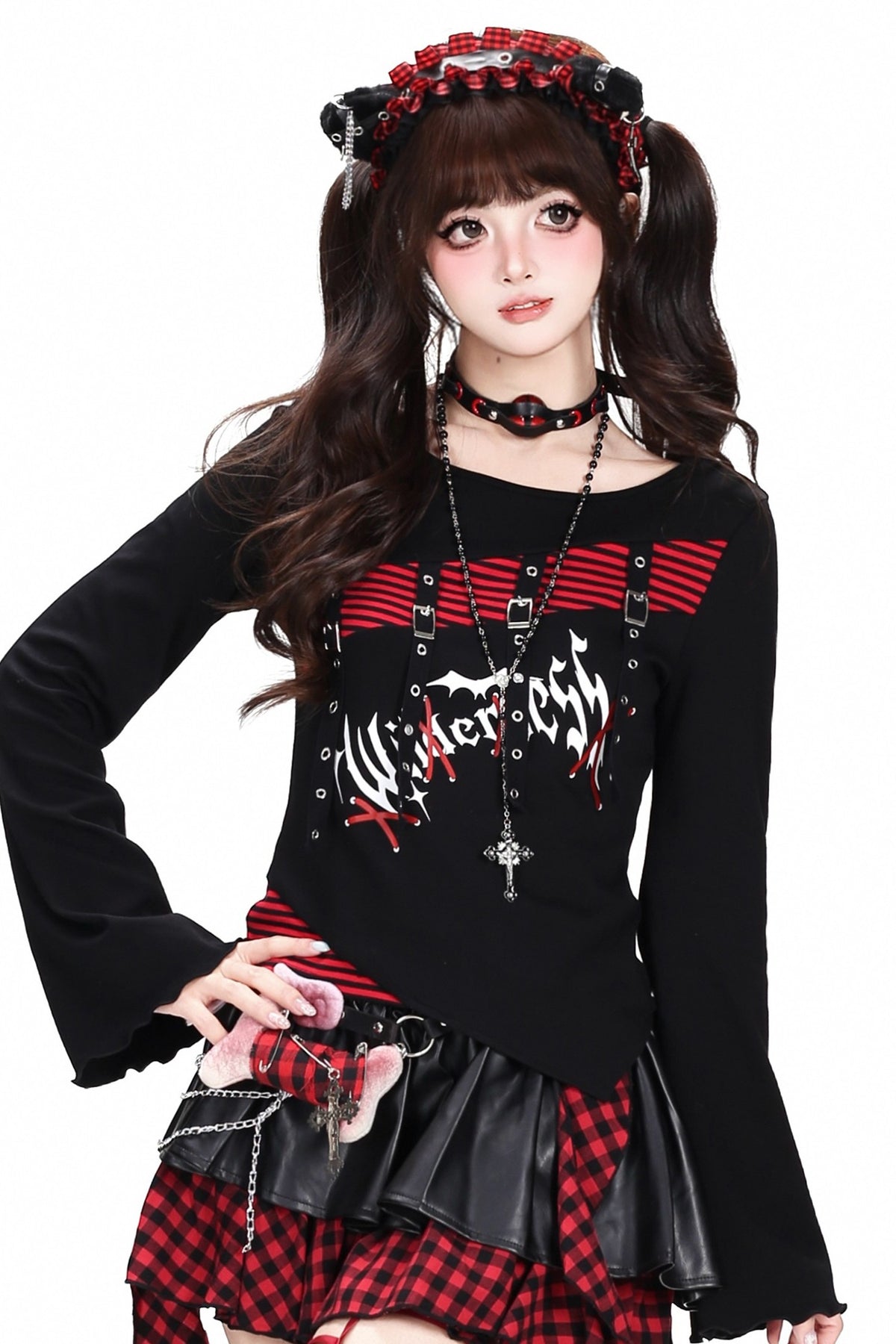 Schwarz-rot gestreiftes Patchwork-Langarm-T-Shirt
