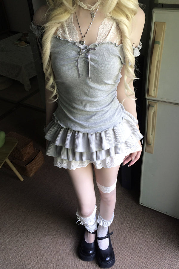 Gray Lace Camisole & Layered Skirt Set-Up
