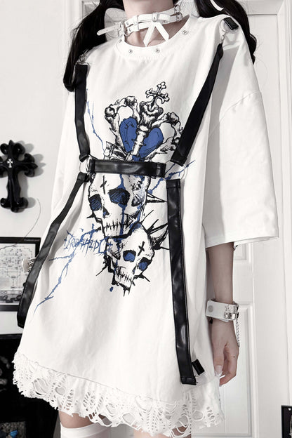Loose Short-Sleeve Belted Patchwork T-Shirt