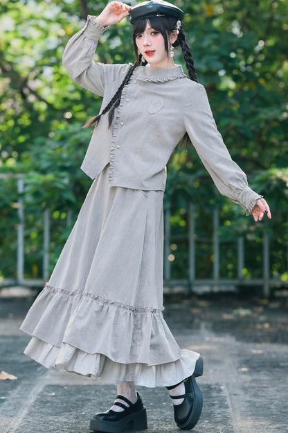 Deer Smoke Slanted Placket Shirt and Double Layer Skirt Set-Up