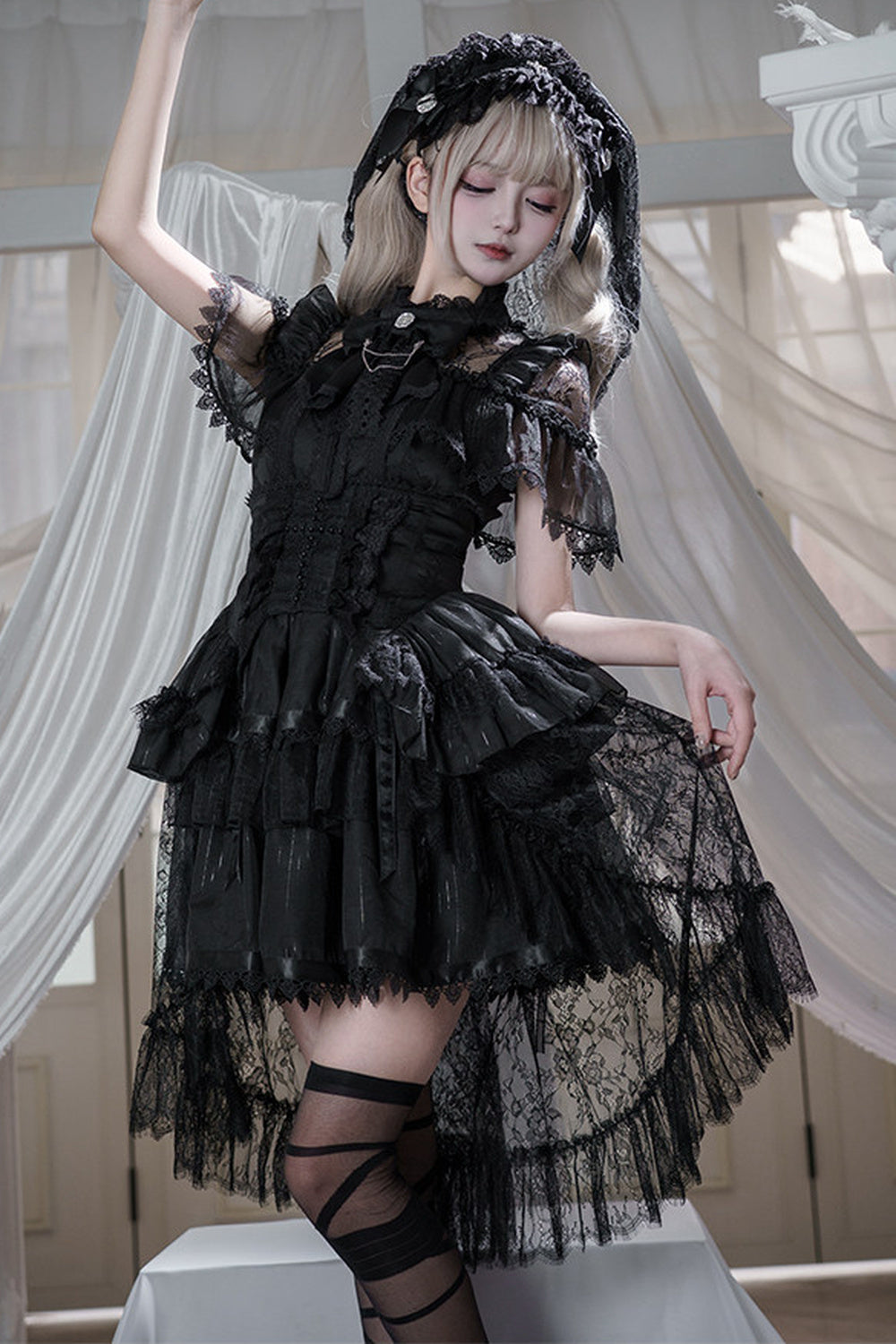 Gothic Short-Sleeve Tulle Waist Belt Dress Set-Up