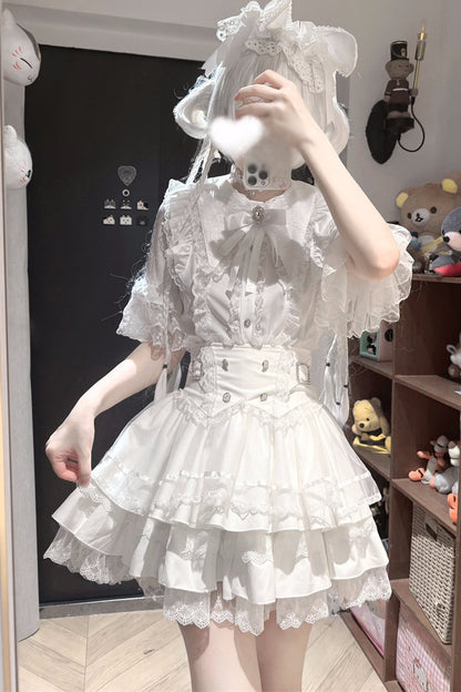Cherry Short-Sleeved Lace Collar Shirt and Skirt Set-Up