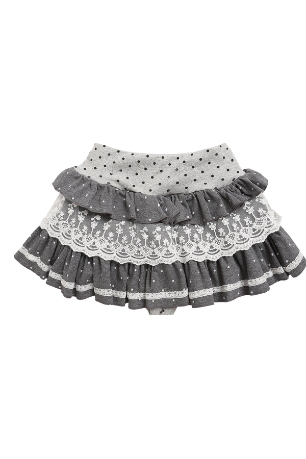 Gray Polka Dot Lace Trim Tie Waist T-Shirt and Skirt Set