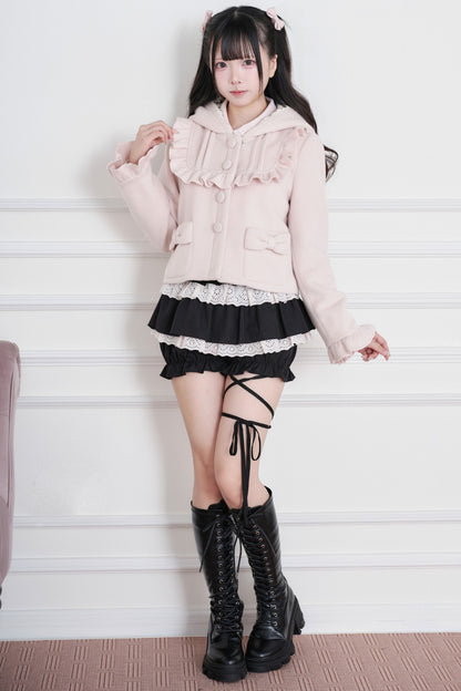 Ruffle Hooded Wool Jacket