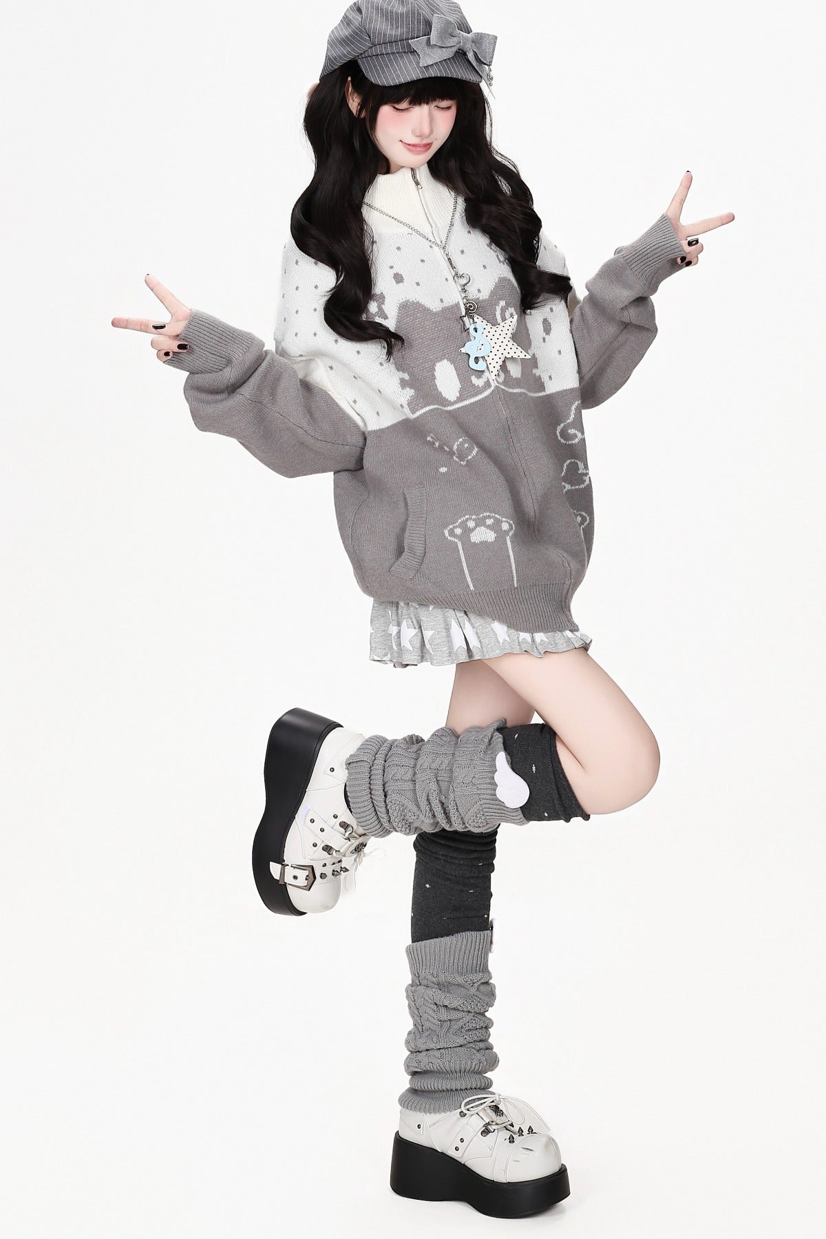 Cat Themed Color-Block Knit Cardigan