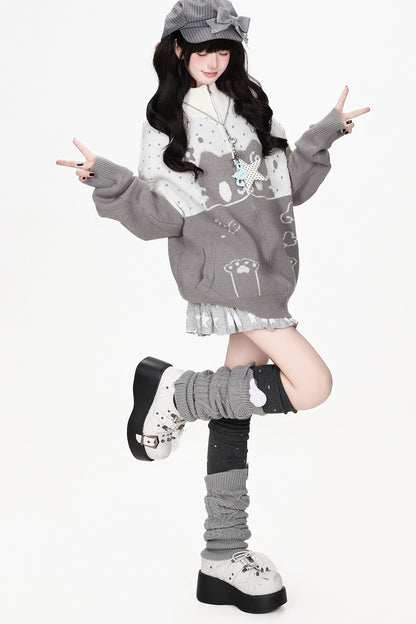 Cat Themed Color-Block Knit Cardigan