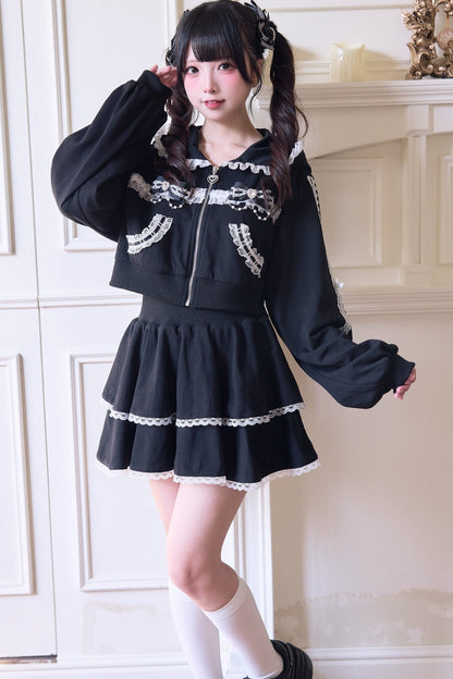 Giacca con cappuccio in pizzo stile subculture jirai + gonna + pantaloni