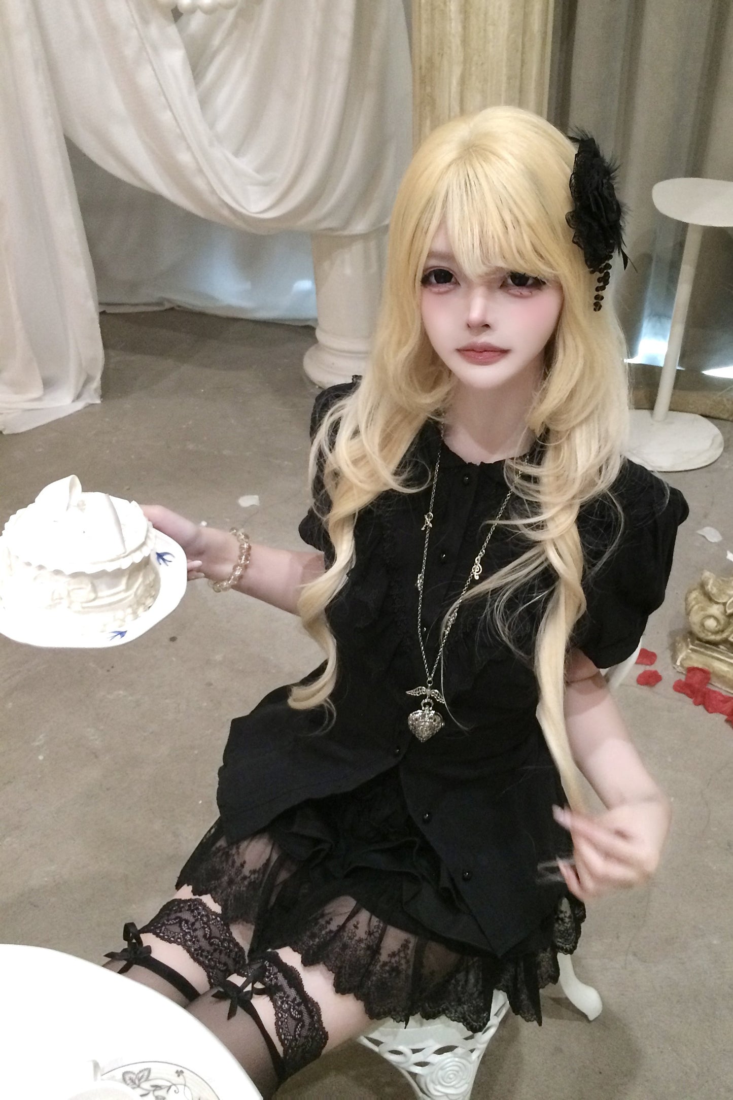 Black Puff Sleeve Lace Patchwork Top and Skirt Set