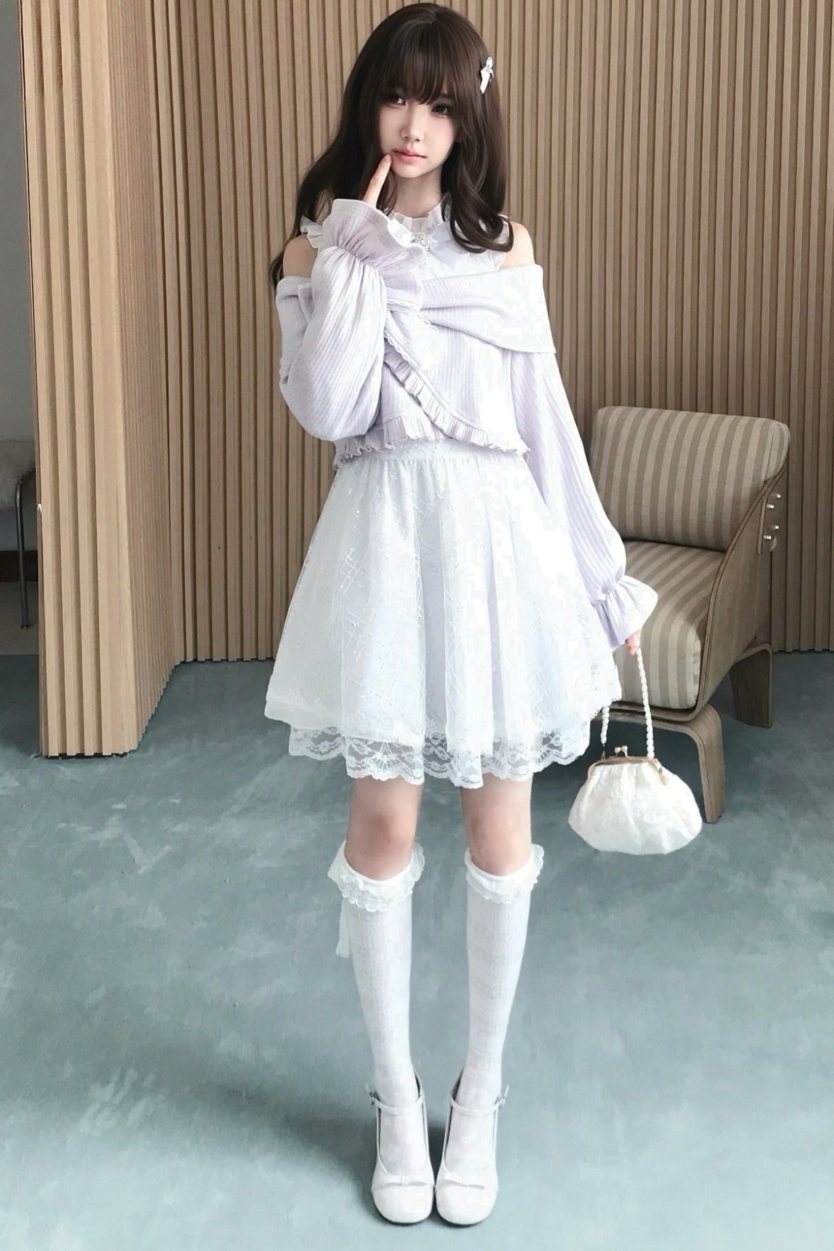 Silver Thread Gauze Off-Shoulder Dress and Top Set