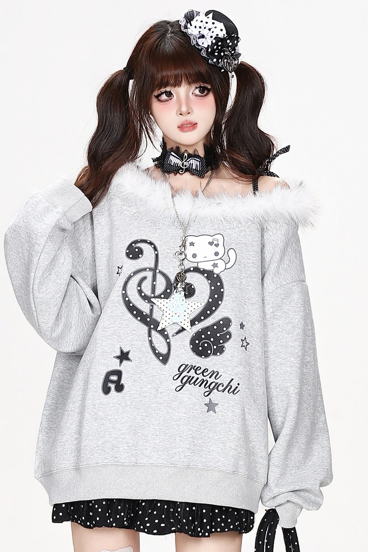 Heart Musical Note Print Off-Shoulder Fur Collar Sweatshirt