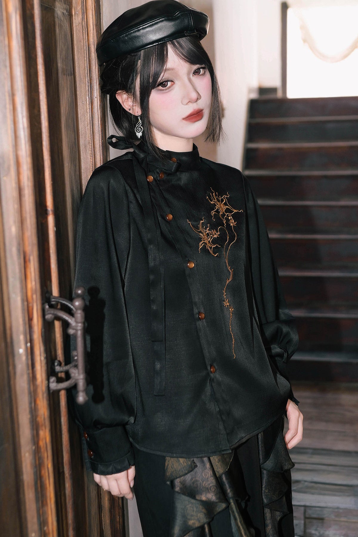 Mandala Embroidered Lace-Up Diagonal Placket Shirt