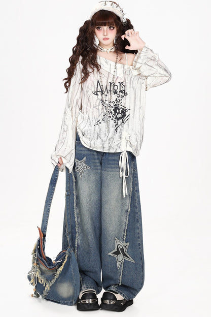 Gewaschene Jeans mit Sternaufnäher und weitem Bein