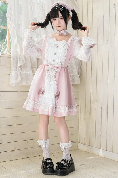 Lace Bow Dress With Hairband+Neck Ring