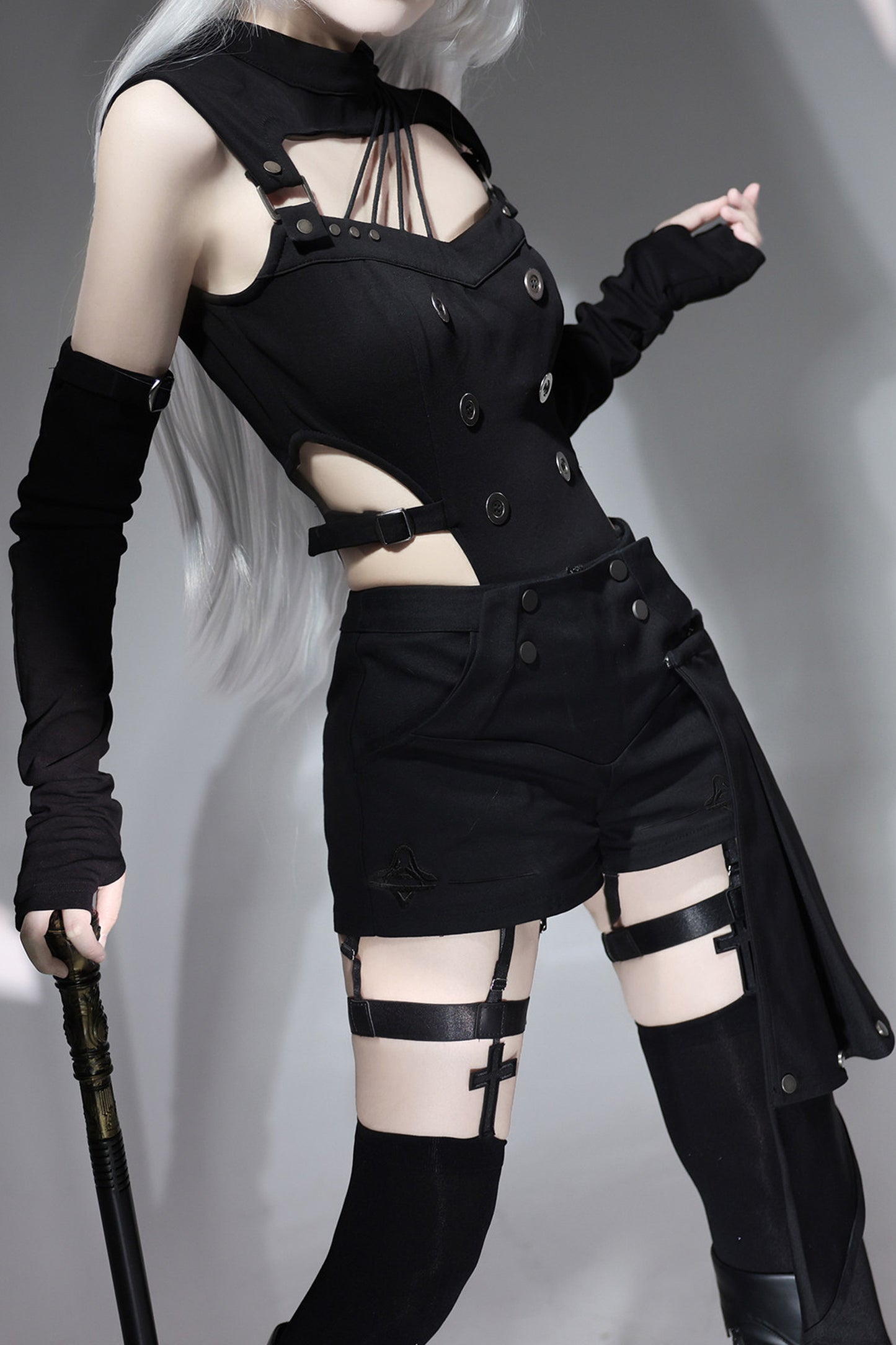 Top cyber gotico lolita + pantaloni + scaldabraccia