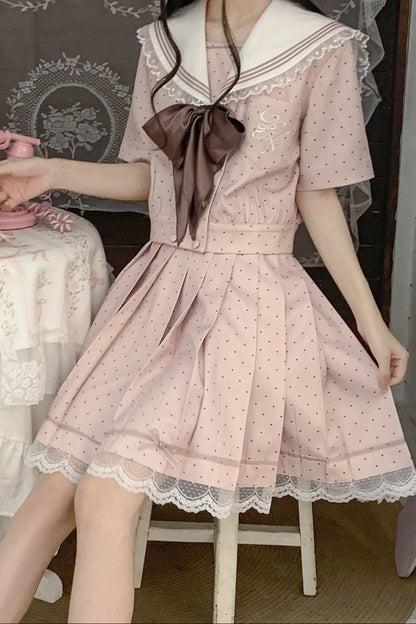 Pink Polka Dot Sailor Blouse + Skirt + Accessories