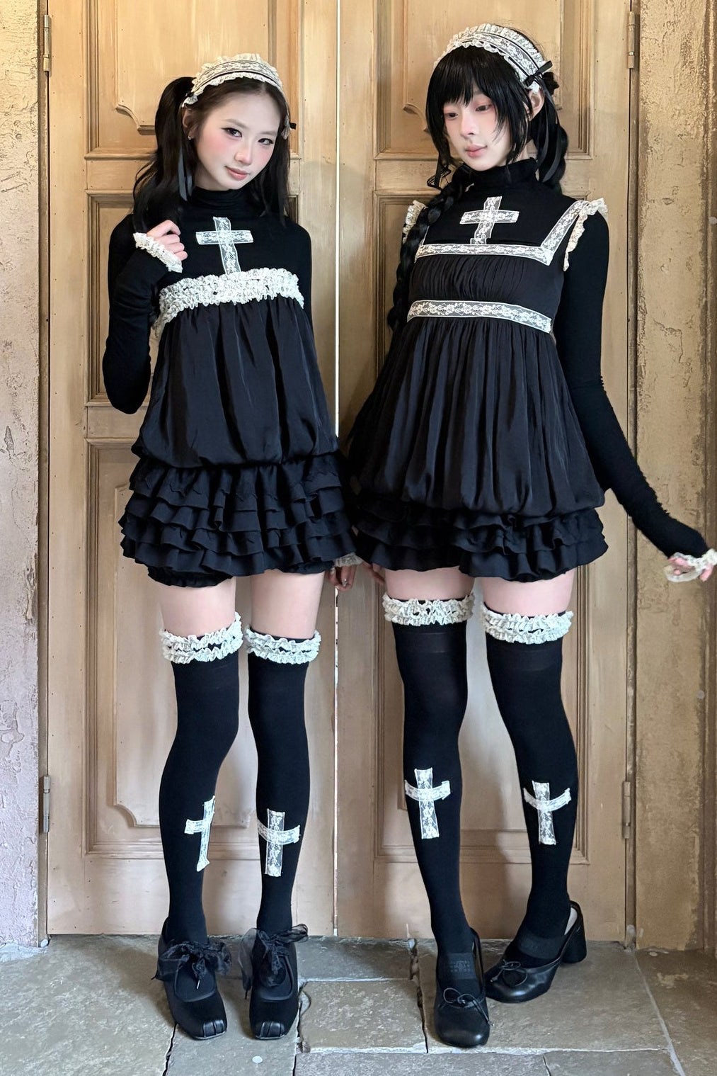 Lace Cross Black Base Shirt and Patchwork Tutu Skirt Set-Up