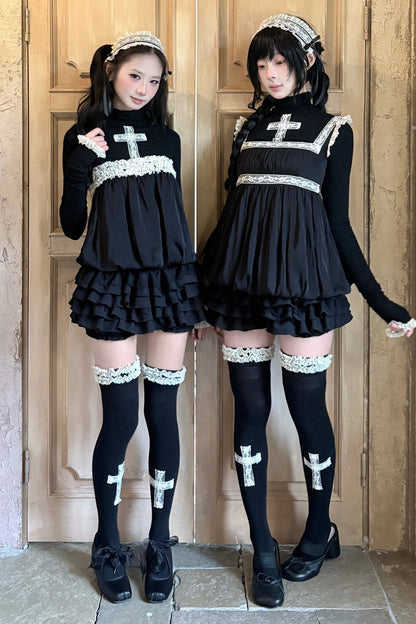Lace Cross Black Base Shirt and Patchwork Tutu Skirt Set-Up