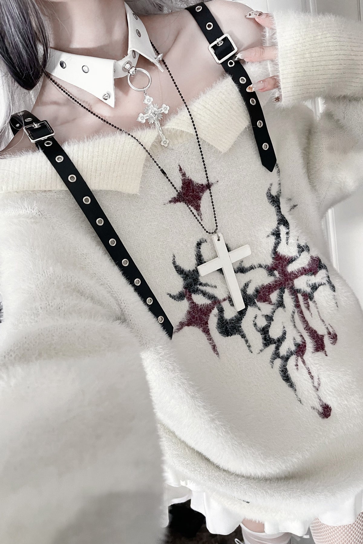 Leather Buckle Butterfly Print Off-Shoulder Sweater