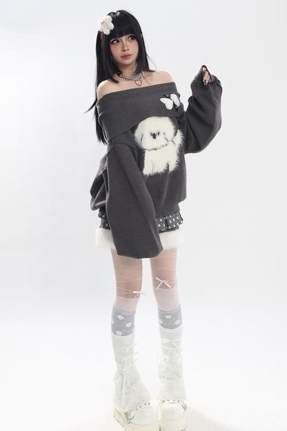 Dog Off-Shoulder Sweater