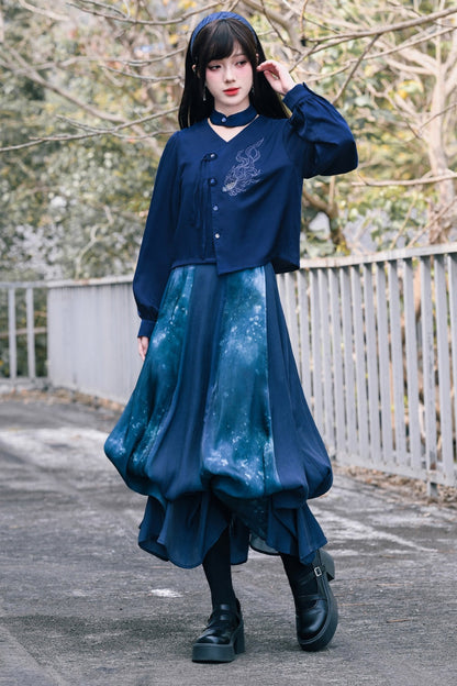 Camicia blu ricamata in nuovo stile cinese