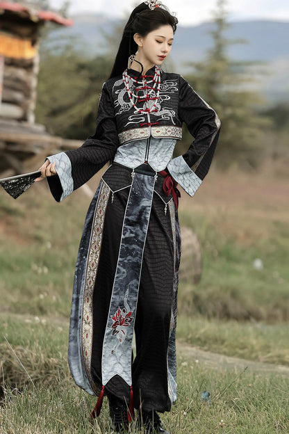 黑色武術漢服上衣與長褲套裝