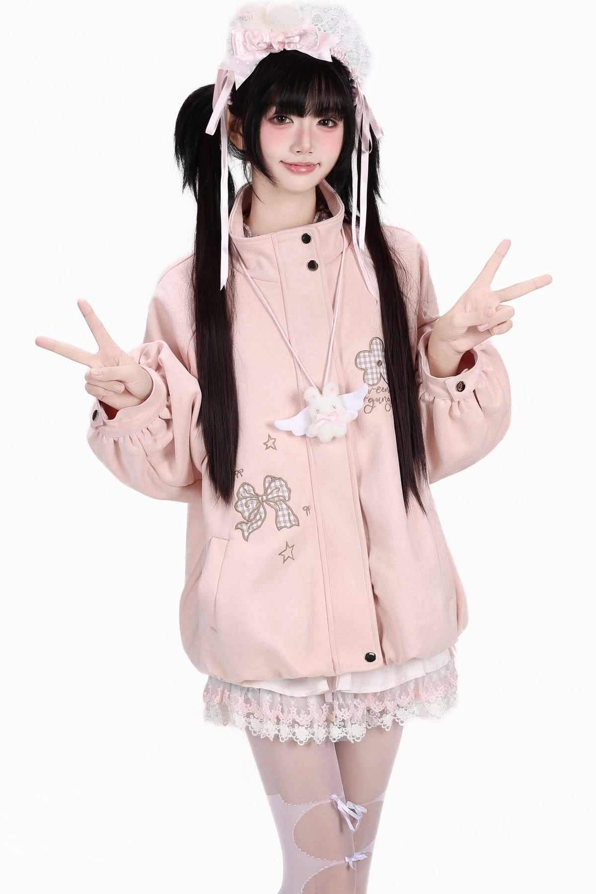 Plaid Bow Embroidered Hooded Suede Jacket