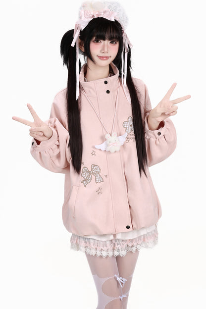 Plaid Bow Embroidered Hooded Suede Jacket