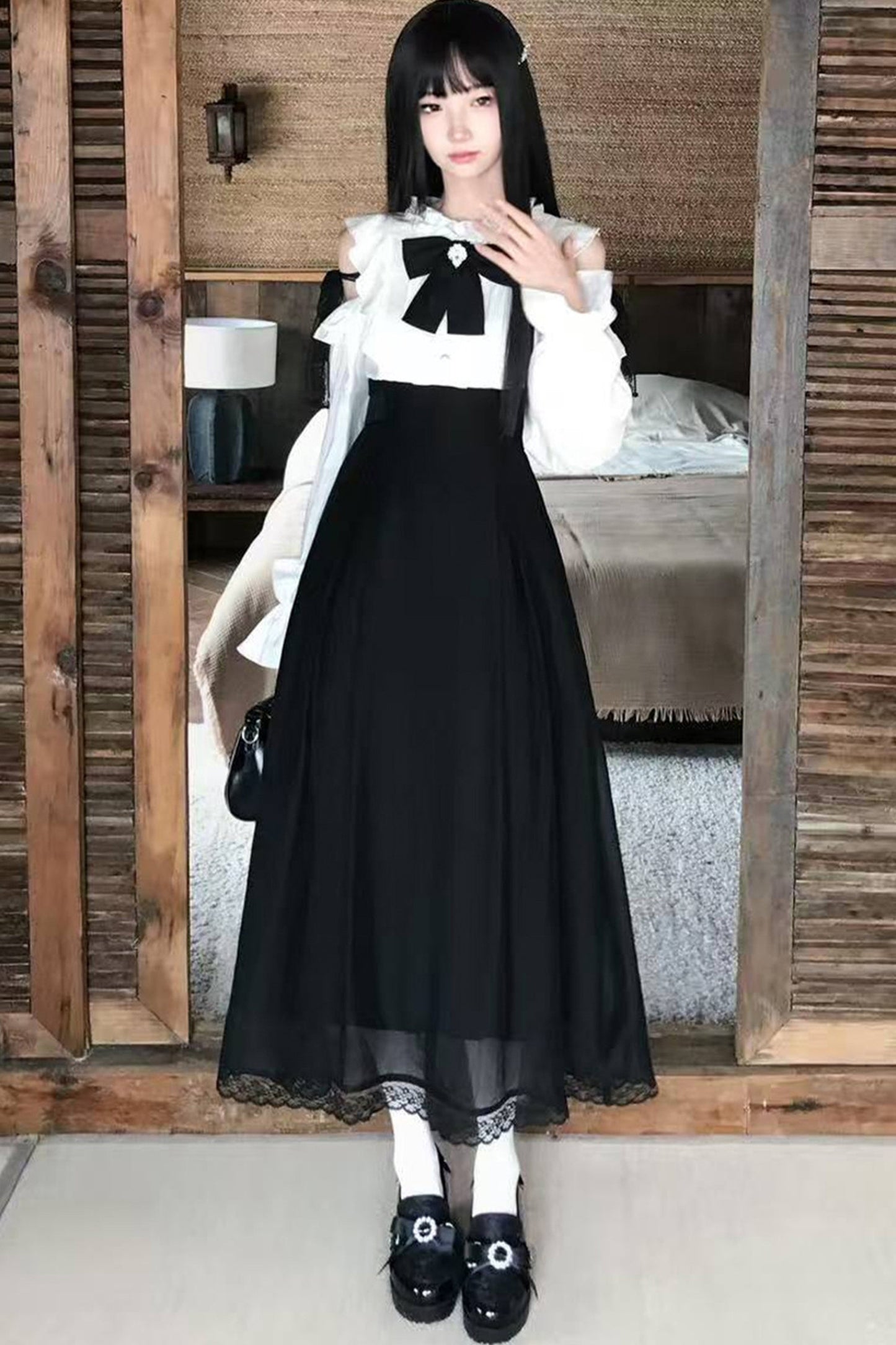 Black And White Off-Shoulder Belted Dress