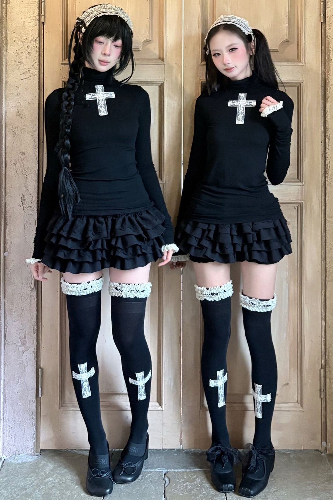 Lace Cross Black Base Shirt and Patchwork Tutu Skirt Set-Up