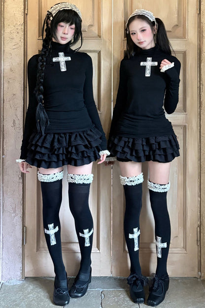 Lace Cross Black Base Shirt and Patchwork Tutu Skirt Set-Up