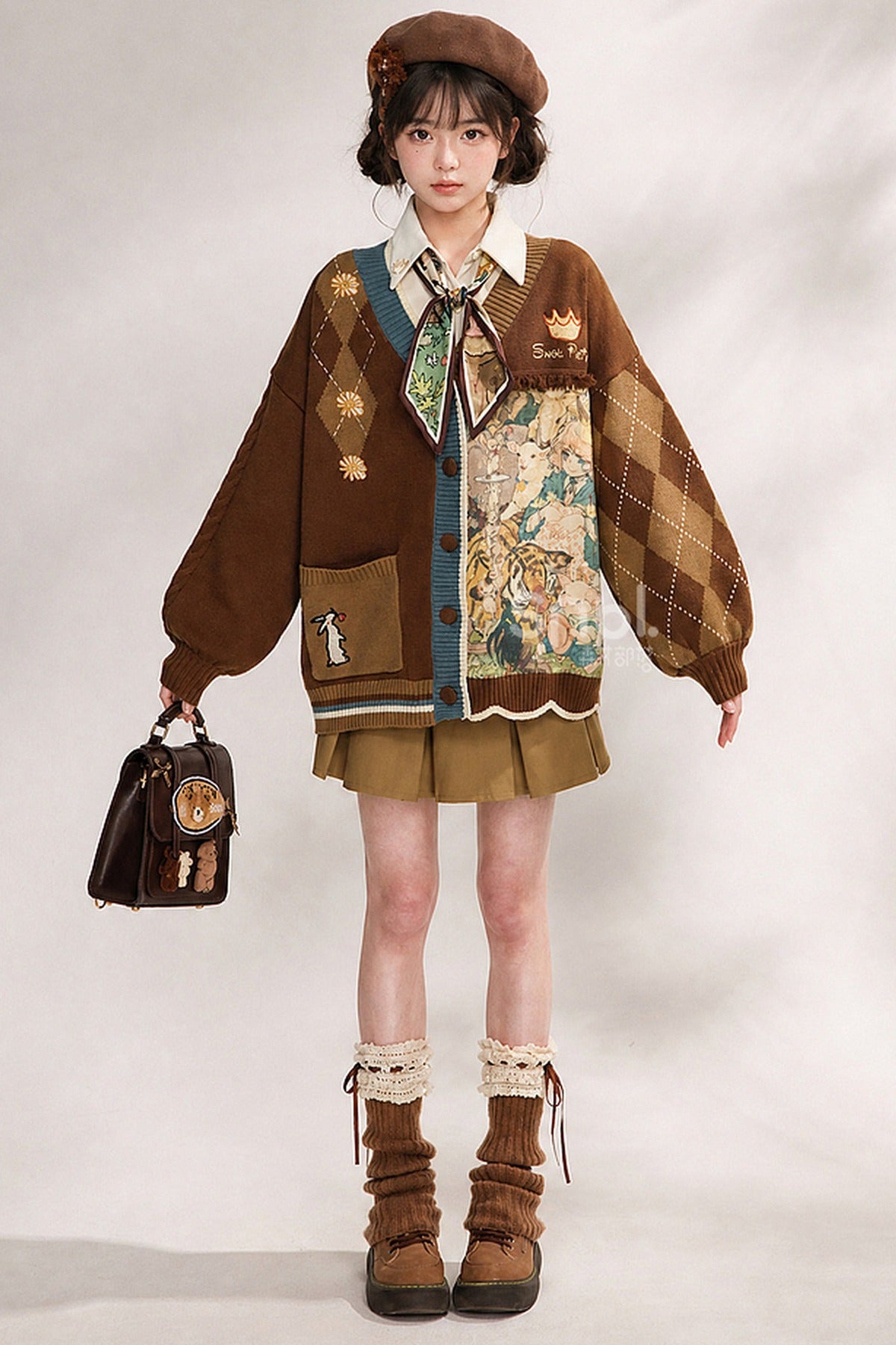 Vintage Oil Painting Knit Cardigan And Skirt