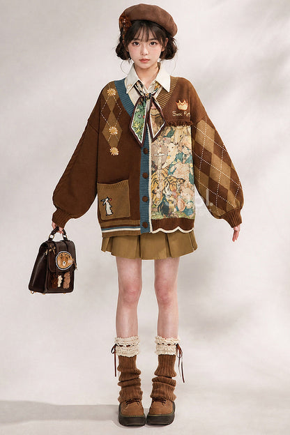 Vintage Oil Painting Knit Cardigan And Skirt