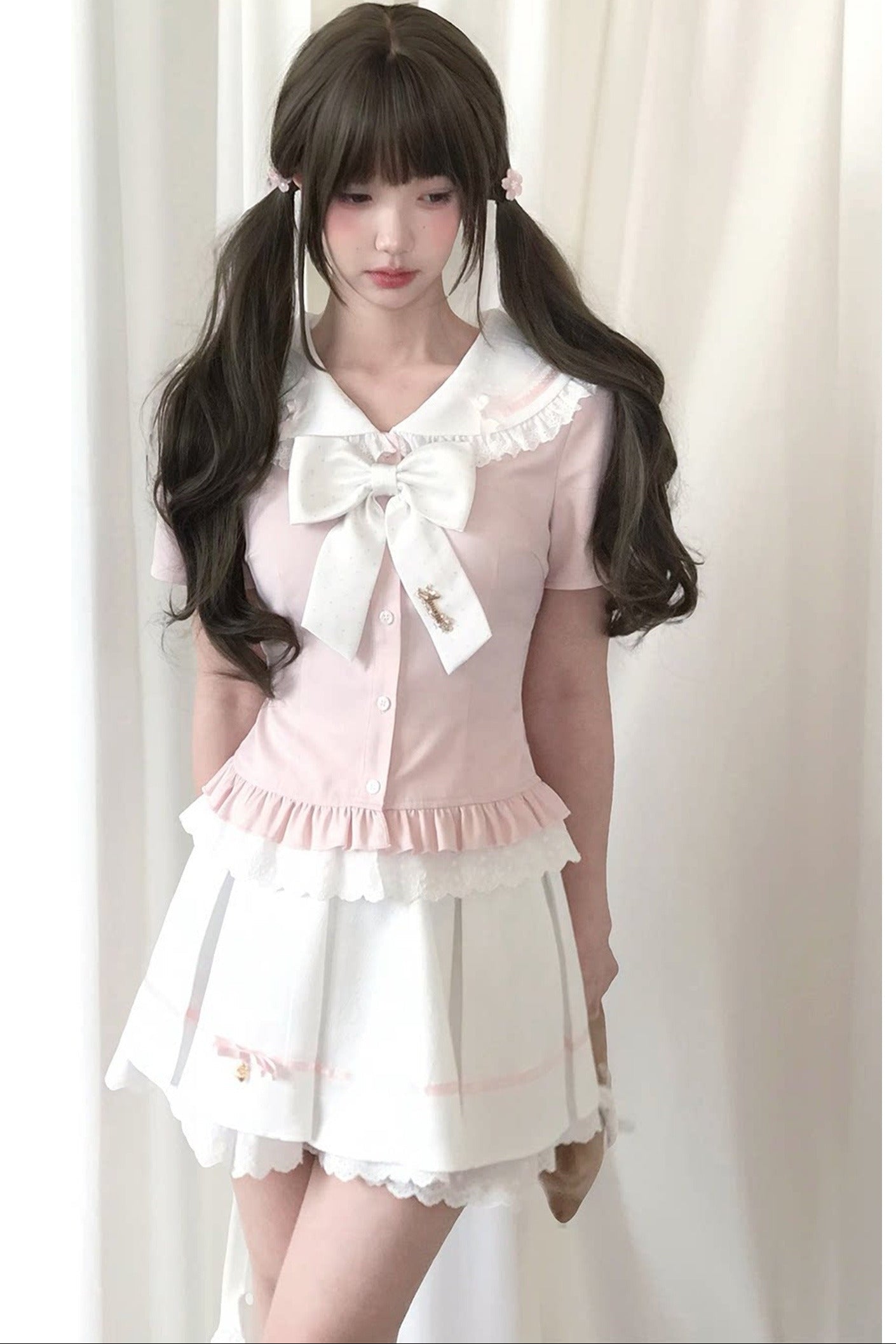 Loose Peach Textured Plaid Doll Shirt And Lace Dress Set-Up