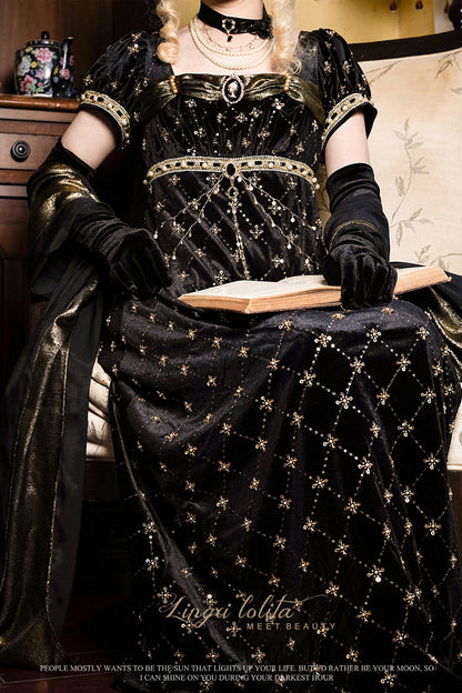 Black Gold Beaded Empire Dress