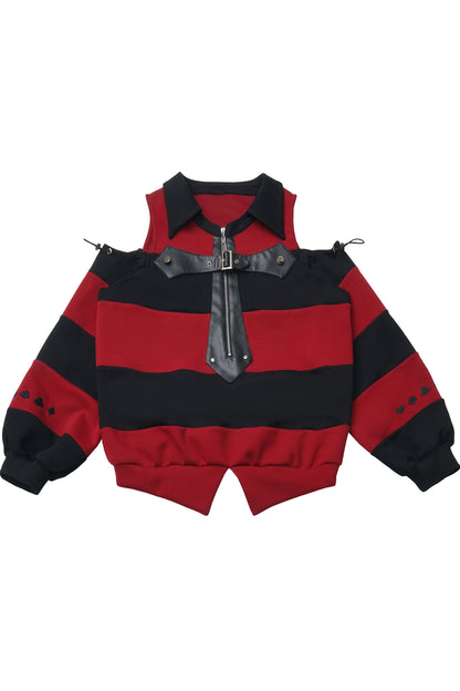 Striped Leather Trim Off-Shoulder Sweatshirt