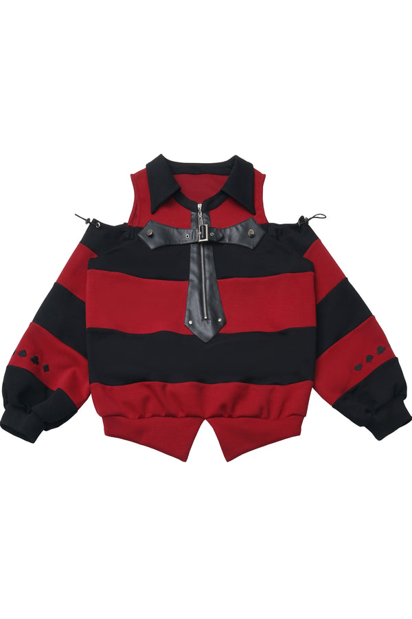 Striped Leather Trim Off-Shoulder Sweatshirt