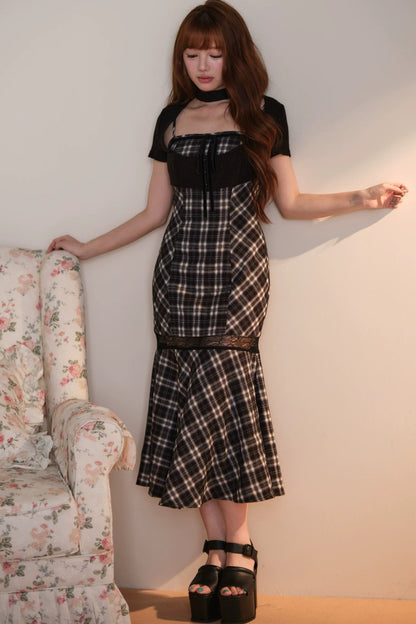 [Vorbestellung] Klassisches kariertes langes Kleid + Cardigan