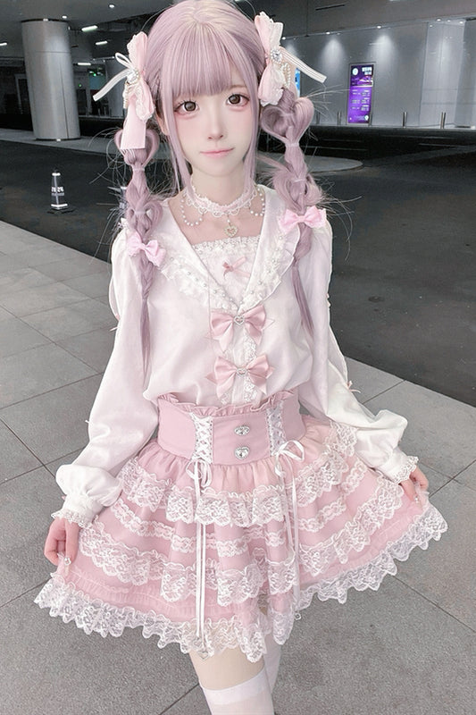 Sailor Collar Long-Sleeve Shirt and Tiered Skirt Set-Up