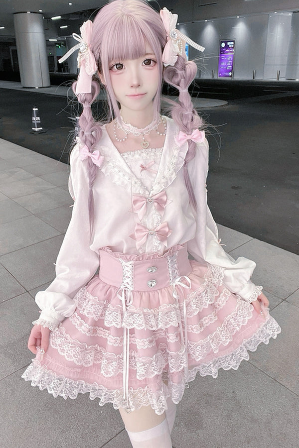 Sailor Collar Long-Sleeve Shirt and Tiered Skirt Set-Up