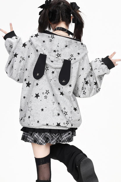 Star Print Hooded Sweatshirt Jacket