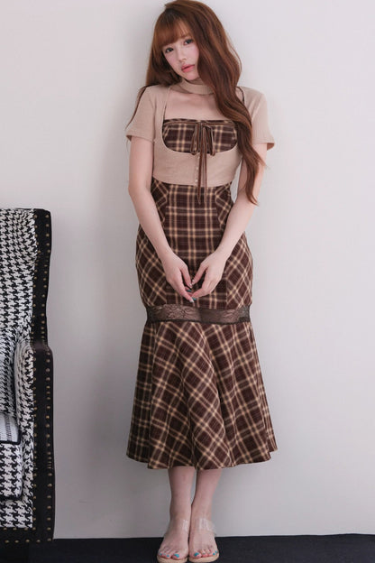 [Vorbestellung] Klassisches kariertes langes Kleid + Cardigan